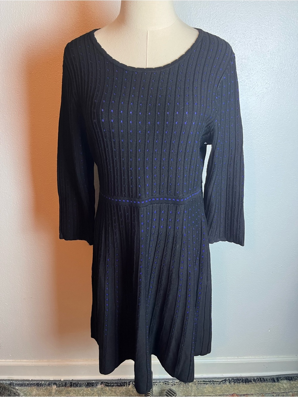 Nina Leonard Black Long-Sleeve Ribbed Knit Dress with Blue Dots